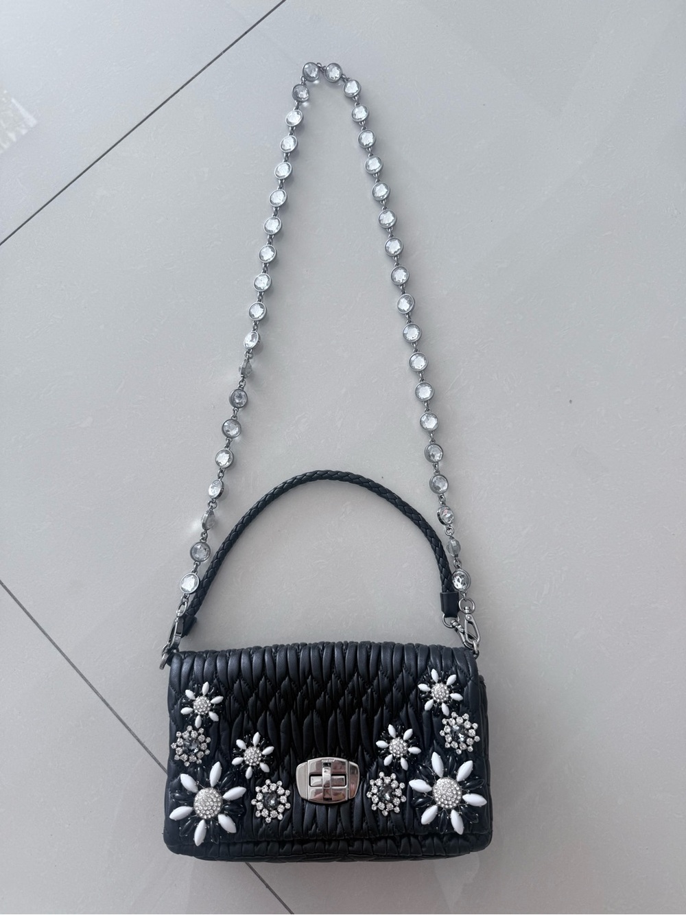 Miu Miu Black Quilted Mini Bag with Crystal Floral Embellishments